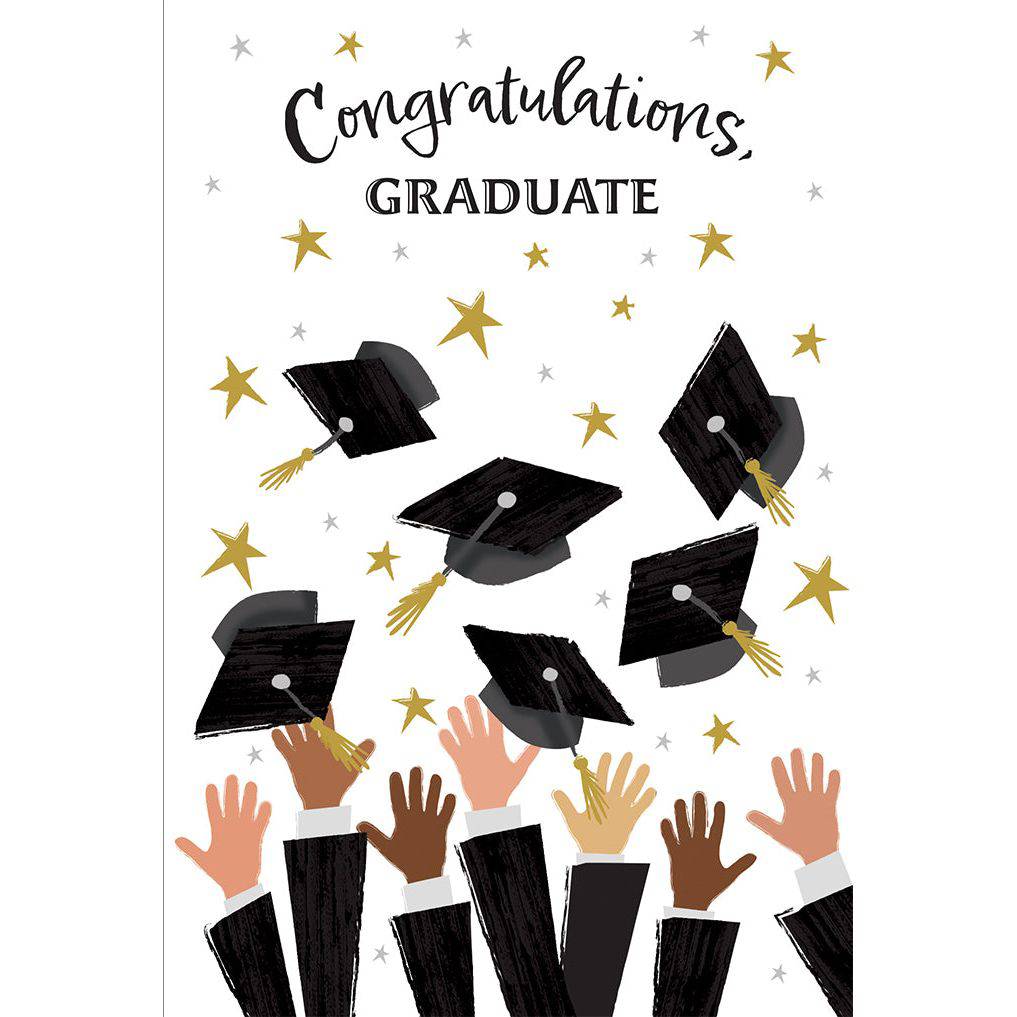 Pictura Tossing Caps Graduation Card featuring colorful caps and celebratory design for graduation celebrations